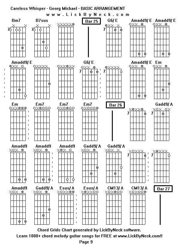 Chord Grids Chart of chord melody fingerstyle guitar song-Careless Whisper - Georg Michael - BASIC ARRANGEMENT,generated by LickByNeck software.